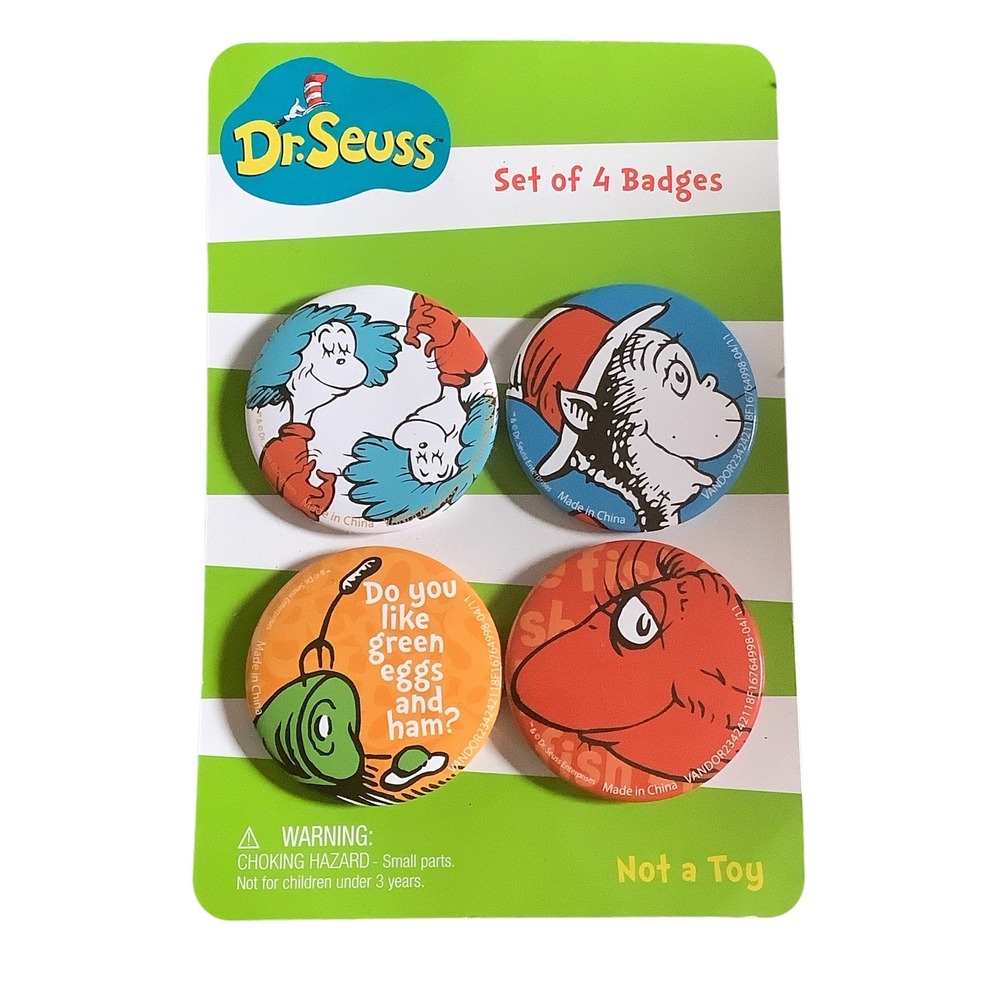 Dr Seuss Set of 4 Badges Vandor Cat in the Hat Thing 1 2 Green Eggs and Ham 2011